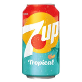 A 355ml can of 7up Tropical Flavoured Soda features a colorful design with the 7UP logo, water droplets, and a small peach illustration on the front.